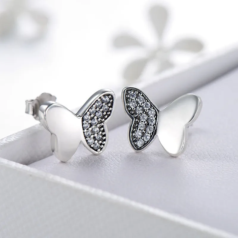 European Style Sterling Silver Butterfly Earrings with Zircon Gems