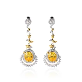 European Yellow Zircon Moonstar Oval Shape Silver Drop Earrings for Women