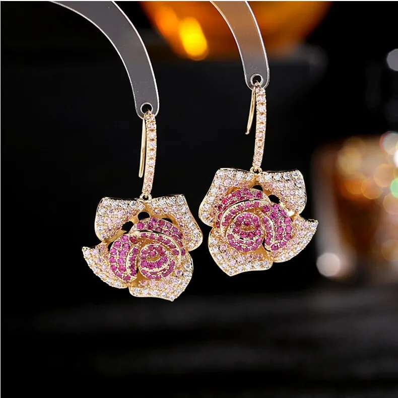 Exaggerated dinner party micro-inlaid zircon fashion personality ear hook rose earrings LYB077