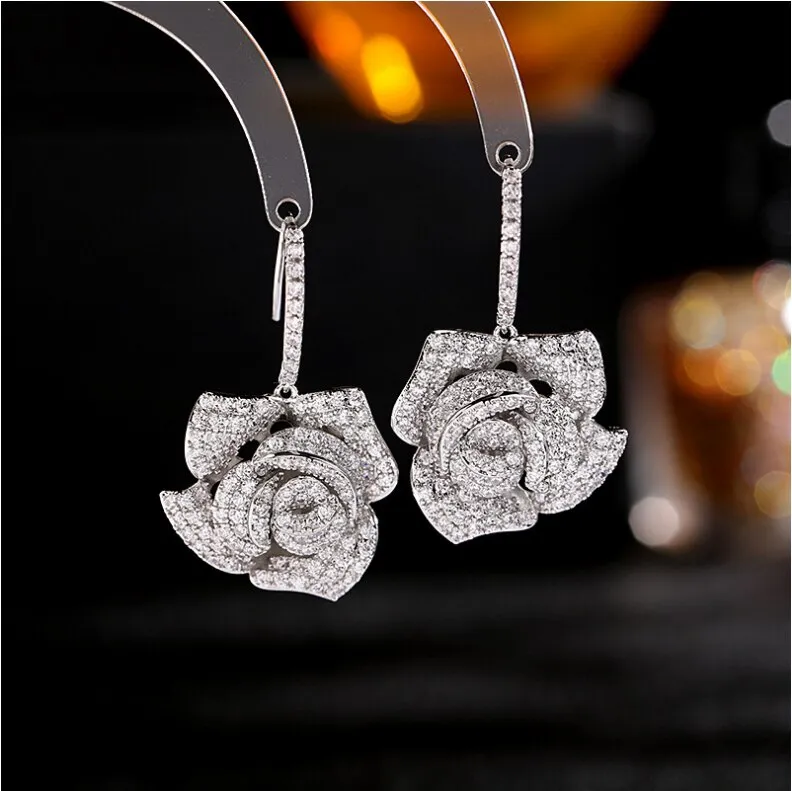 Exaggerated dinner party micro-inlaid zircon fashion personality ear hook rose earrings LYB077