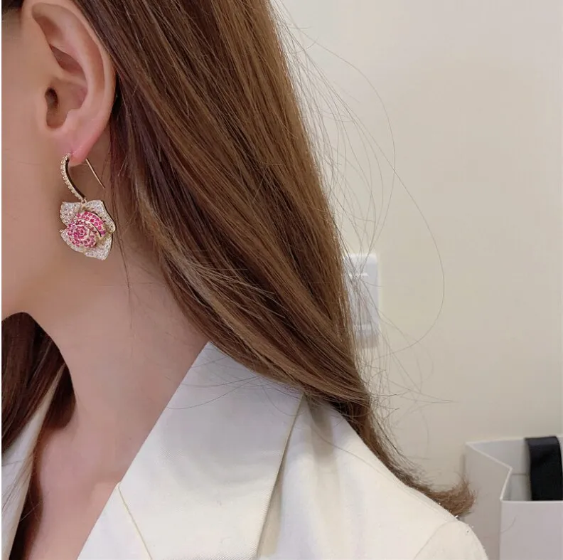 Exaggerated dinner party micro-inlaid zircon fashion personality ear hook rose earrings LYB077