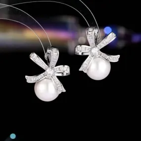 Fashion Cubic Zirconia Bowknot Pearl Stud Earrings Banquet Dress Bridal Wedding Jewely Accessories LYX104