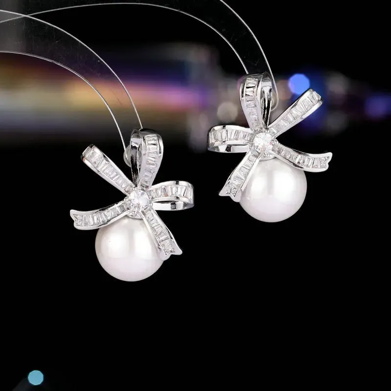 Fashion Cubic Zirconia Bowknot Pearl Stud Earrings Banquet Dress Bridal Wedding Jewely Accessories LYX104