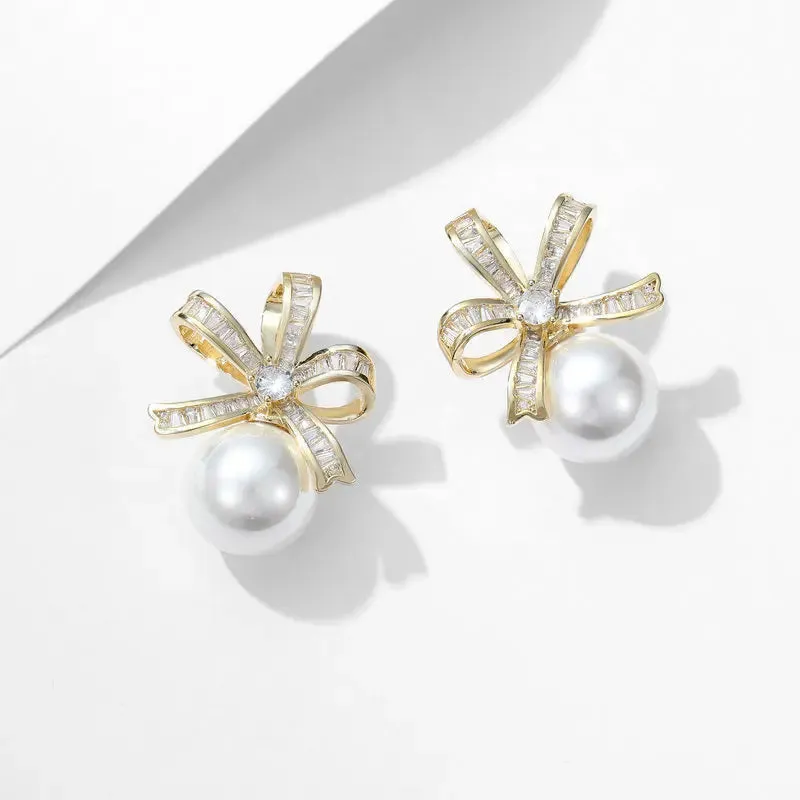Fashion Cubic Zirconia Bowknot Pearl Stud Earrings Banquet Dress Bridal Wedding Jewely Accessories LYX104