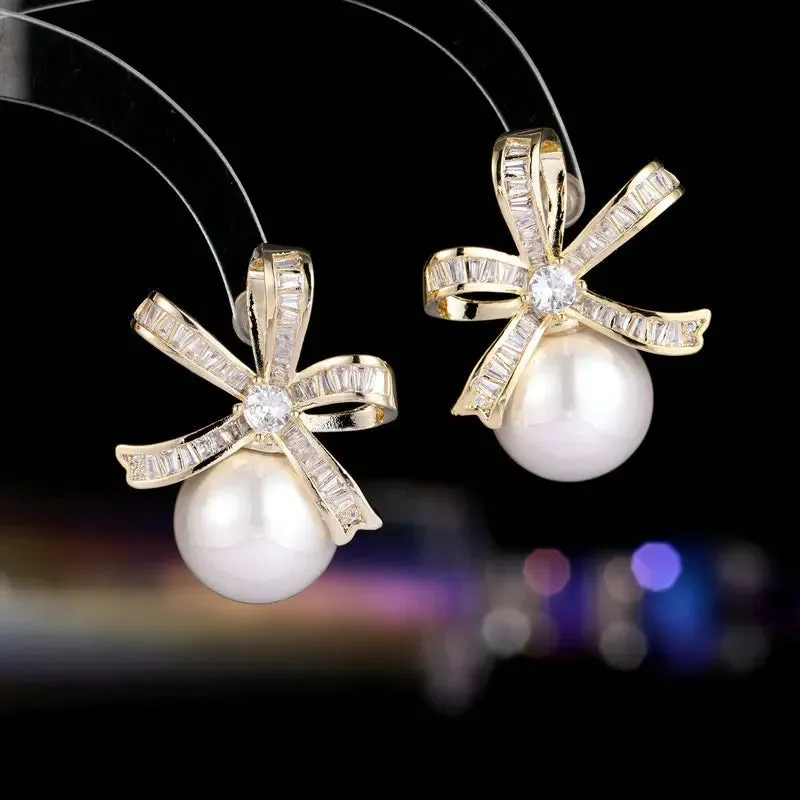 Fashion Cubic Zirconia Bowknot Pearl Stud Earrings Banquet Dress Bridal Wedding Jewely Accessories LYX104