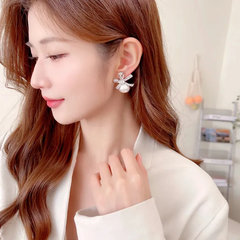 Fashion Cubic Zirconia Bowknot Pearl Stud Earrings Banquet Dress Bridal Wedding Jewely Accessories LYX104