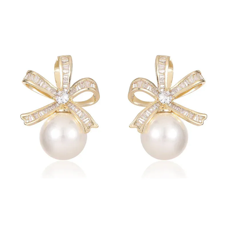 Fashion Cubic Zirconia Bowknot Pearl Stud Earrings Banquet Dress Bridal Wedding Jewely Accessories LYX104
