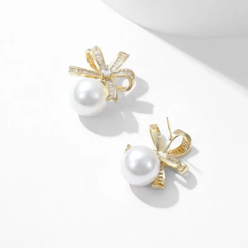 Fashion Cubic Zirconia Bowknot Pearl Stud Earrings Banquet Dress Bridal Wedding Jewely Accessories LYX104