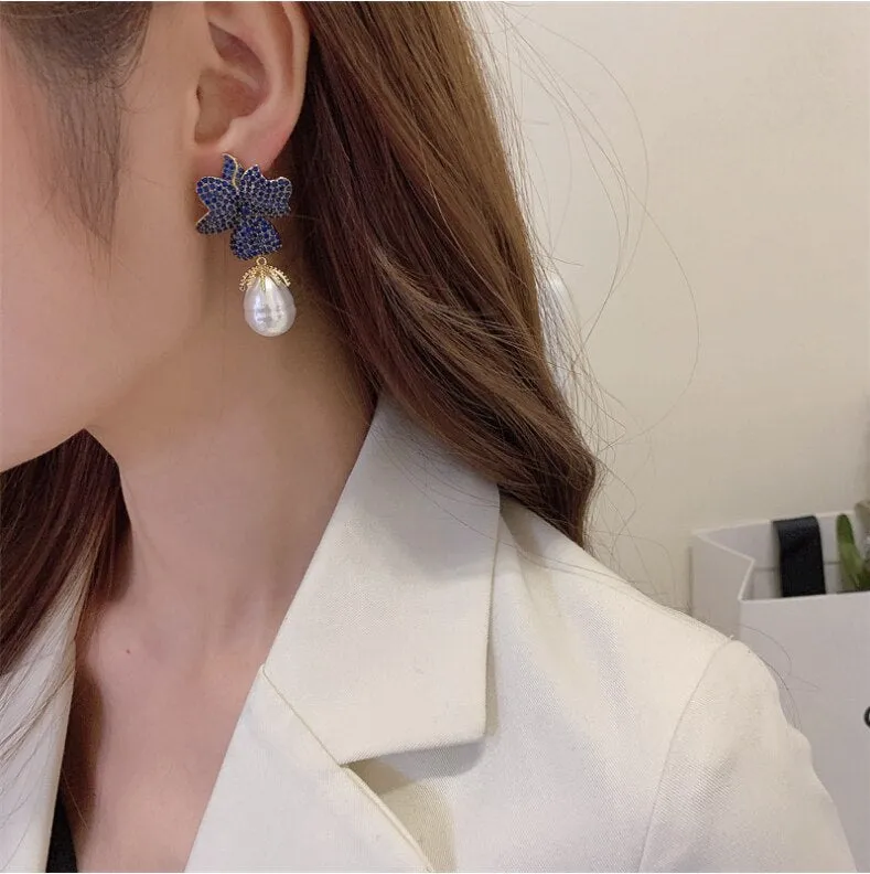 Fashion new earrings high-level exaggerated zircon earrings flower baroque pearl earrings 925 Silver Pin LYB-033