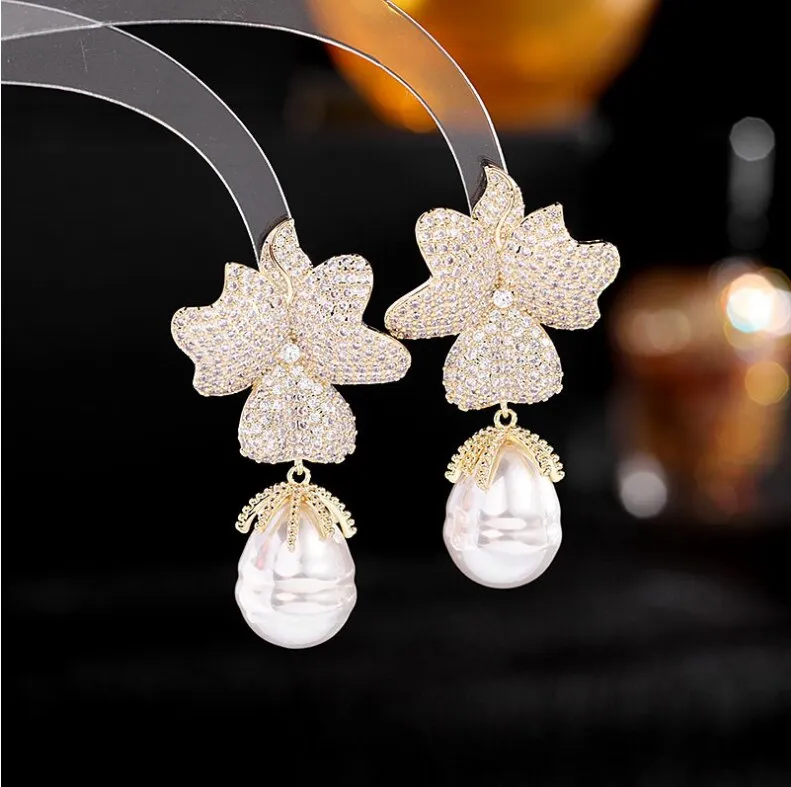 Fashion new earrings high-level exaggerated zircon earrings flower baroque pearl earrings 925 Silver Pin LYB-033