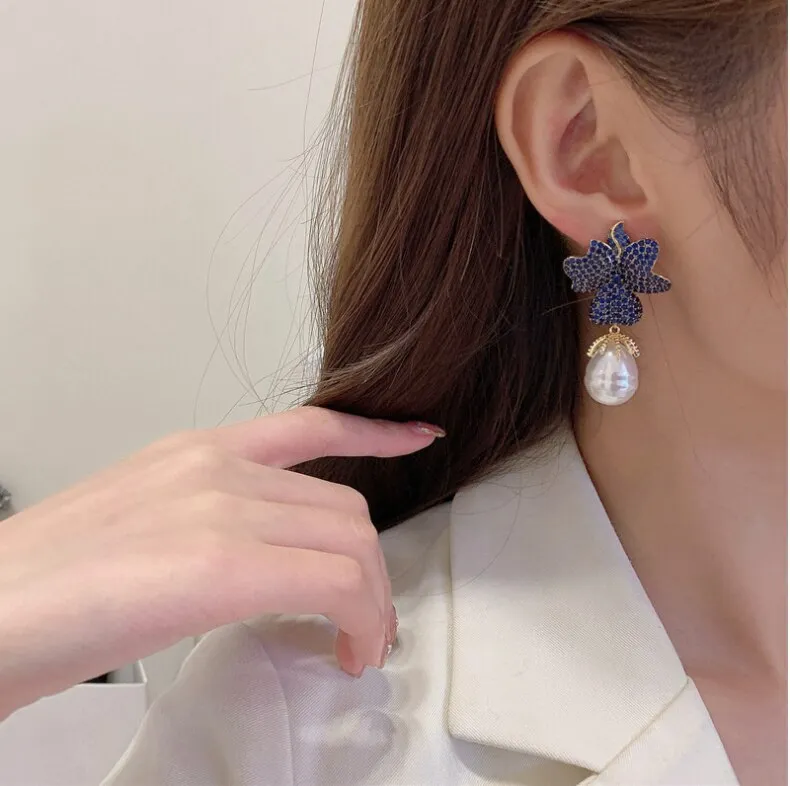 Fashion new earrings high-level exaggerated zircon earrings flower baroque pearl earrings 925 Silver Pin LYB-033
