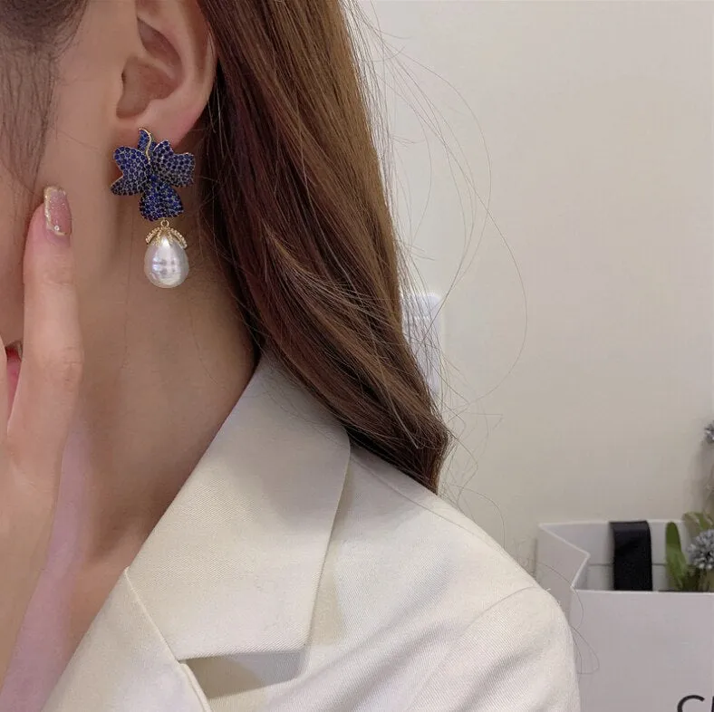 Fashion new earrings high-level exaggerated zircon earrings flower baroque pearl earrings 925 Silver Pin LYB-033