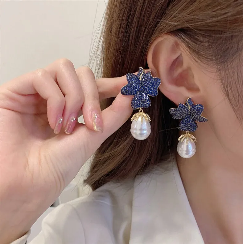 Fashion new earrings high-level exaggerated zircon earrings flower baroque pearl earrings 925 Silver Pin LYB-033