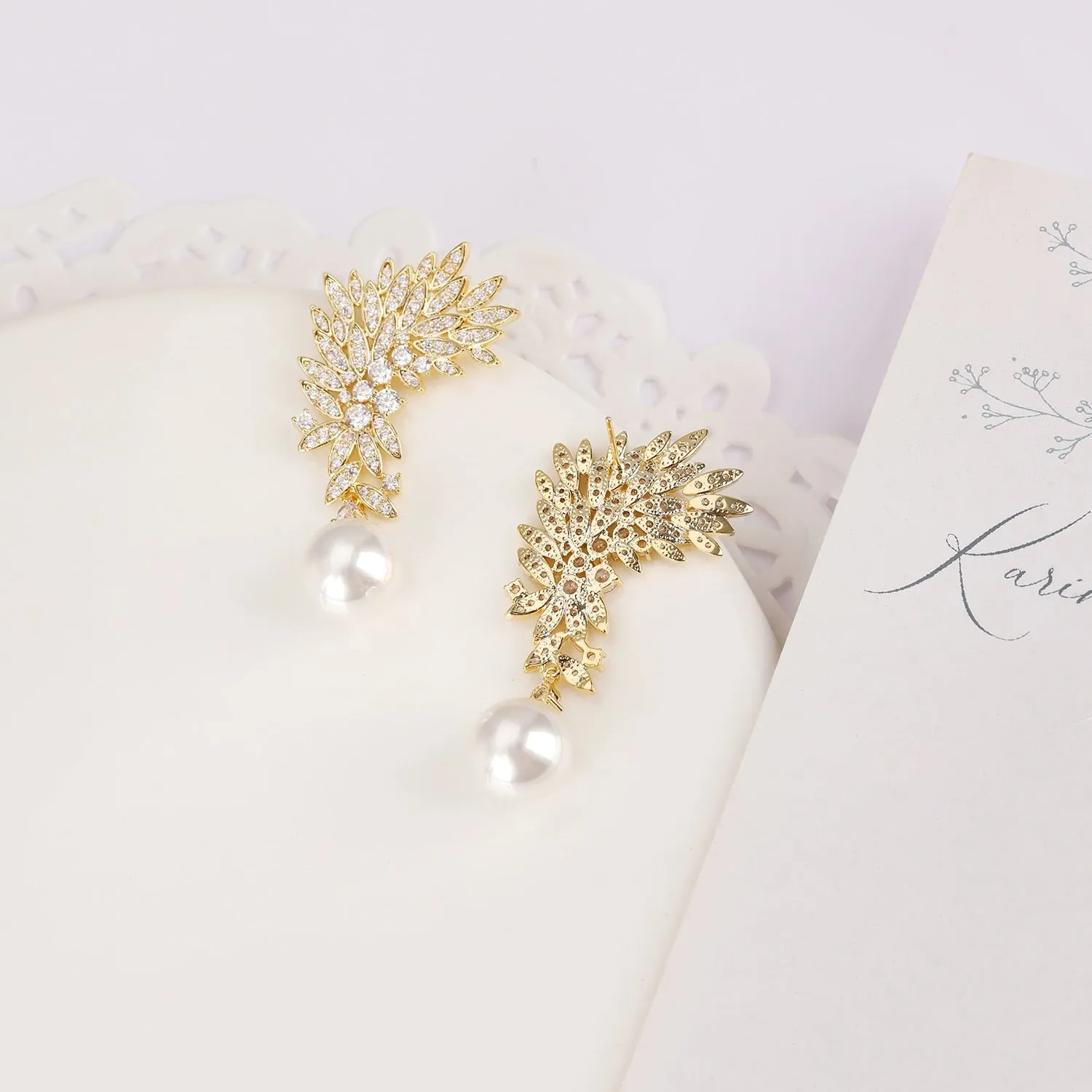 Feather Cubic Zirconia Drop Earring for Wedding, Pearl Prom Dangle Jewelry for Women and Bride CE11894