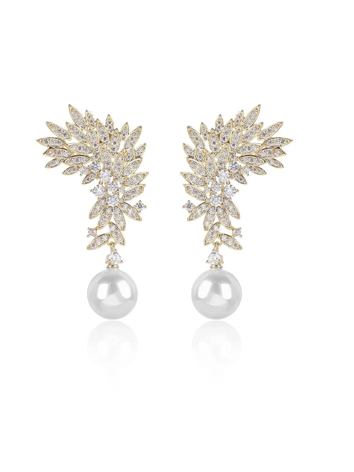 Feather Cubic Zirconia Drop Earring for Wedding, Pearl Prom Dangle Jewelry for Women and Bride CE11894