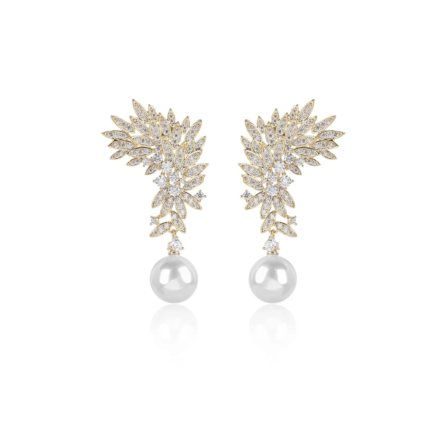 Feather Cubic Zirconia Drop Earring for Wedding, Pearl Prom Dangle Jewelry for Women and Bride CE11894