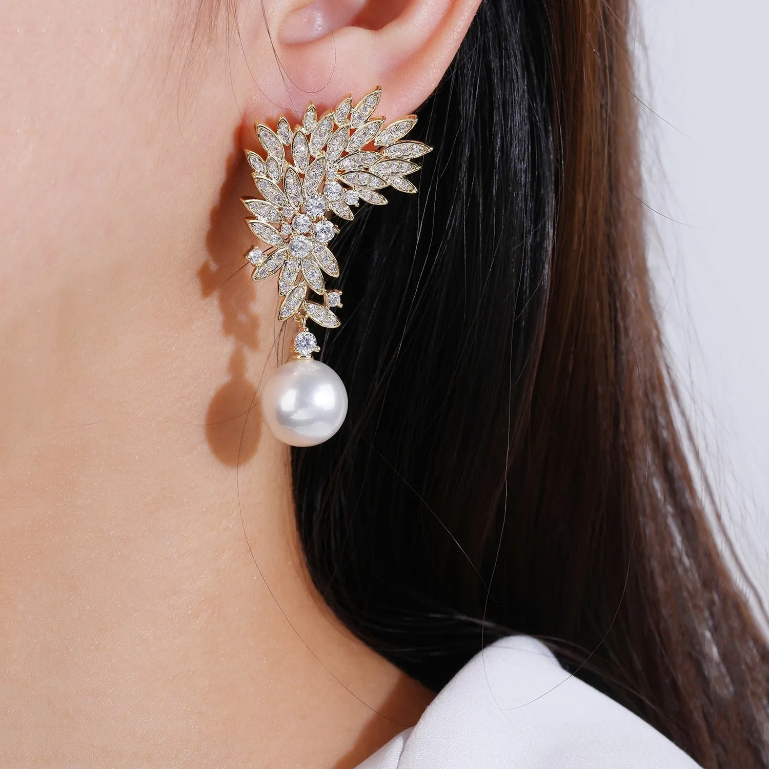 Feather Cubic Zirconia Drop Earring for Wedding, Pearl Prom Dangle Jewelry for Women and Bride CE11894