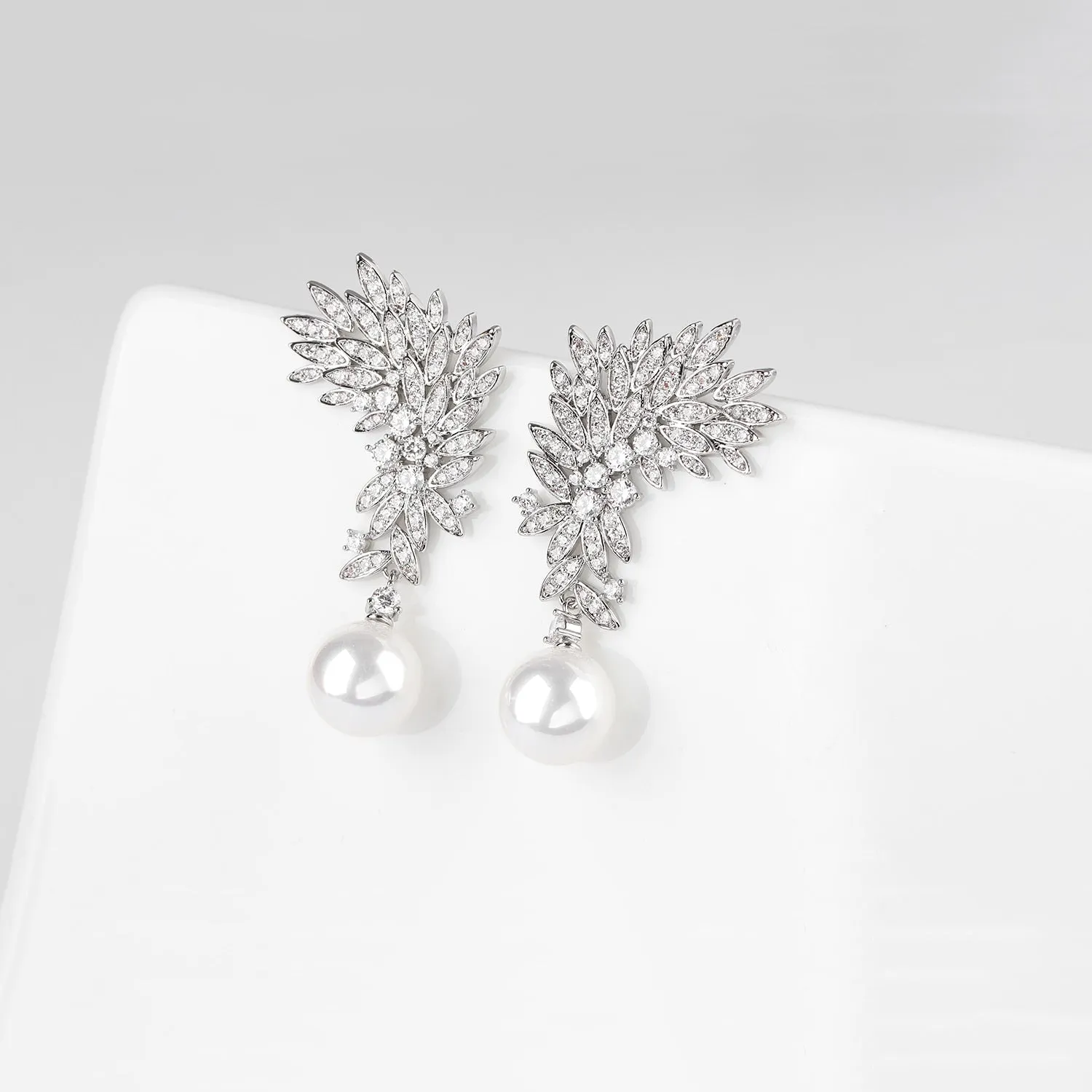 Feather Cubic Zirconia Drop Earring for Wedding, Pearl Prom Dangle Jewelry for Women and Bride CE11894