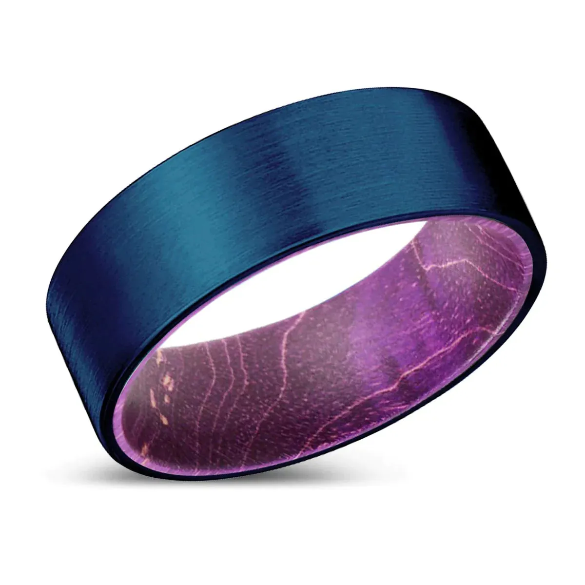 FINLAY Flat Tungsten Ring with Purple Wood Sleeve Blue Brushed - 8mm