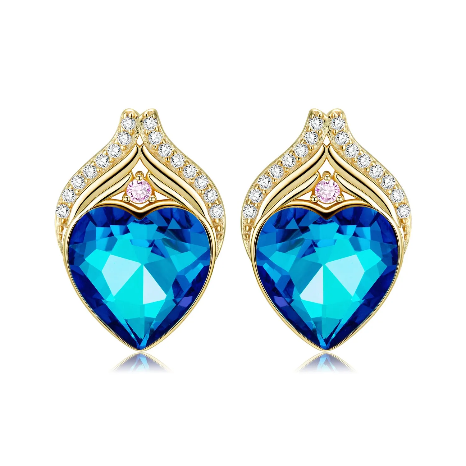 Fish Tail Heart Shape Blue Zircon Silver Stud Earrings