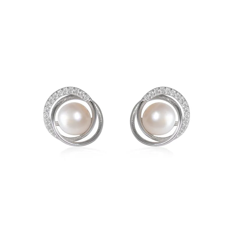 Freshwater Pearl Circling with zircon silver stud earrings for women