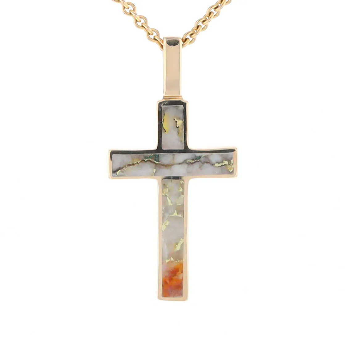 Gold Quartz Necklace 3 Section Inlaid Cross Pendant