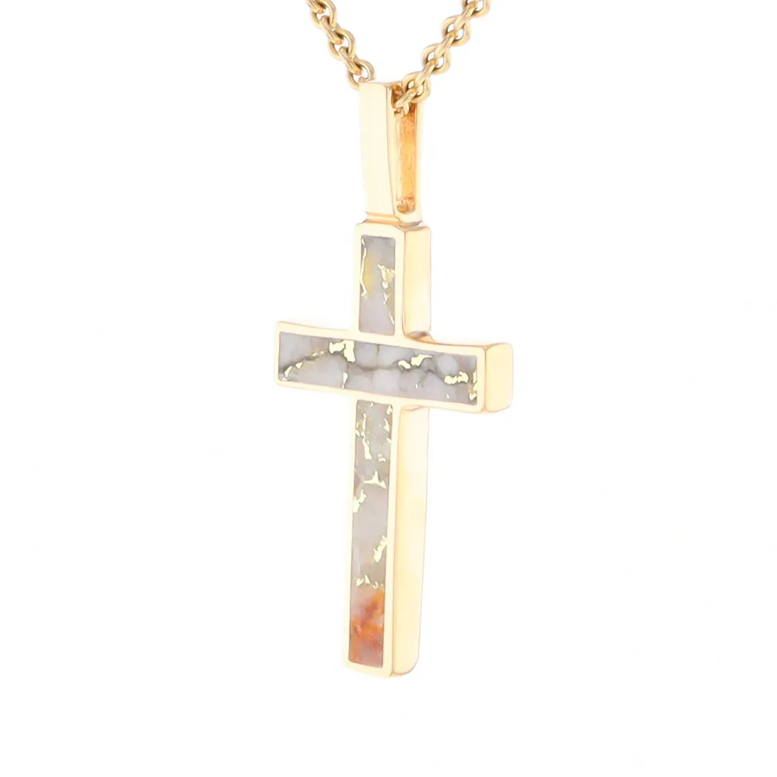 Gold Quartz Necklace 3 Section Inlaid Cross Pendant