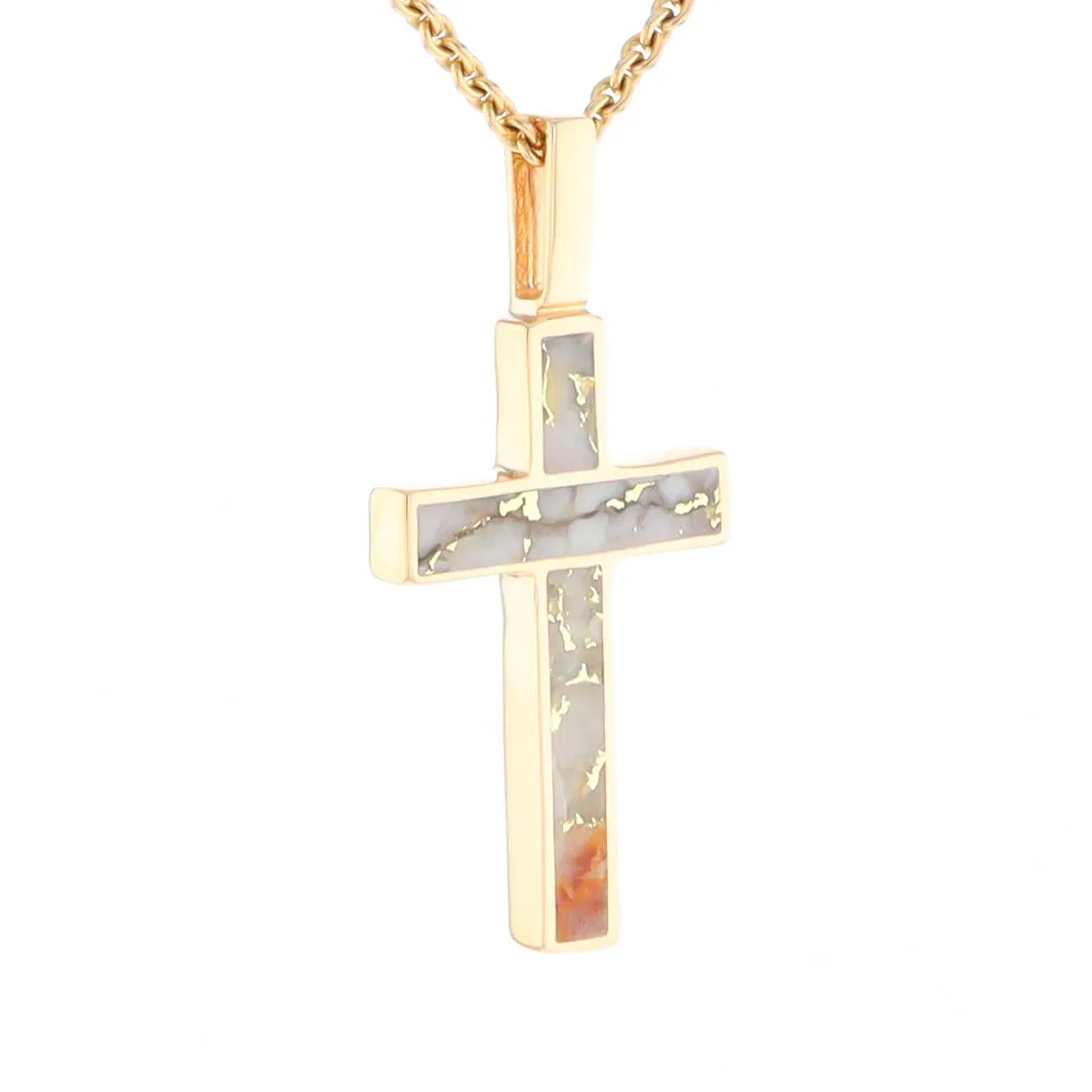 Gold Quartz Necklace 3 Section Inlaid Cross Pendant