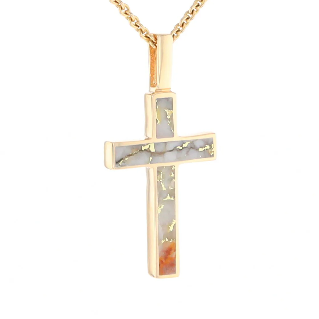 Gold Quartz Necklace 3 Section Inlaid Cross Pendant