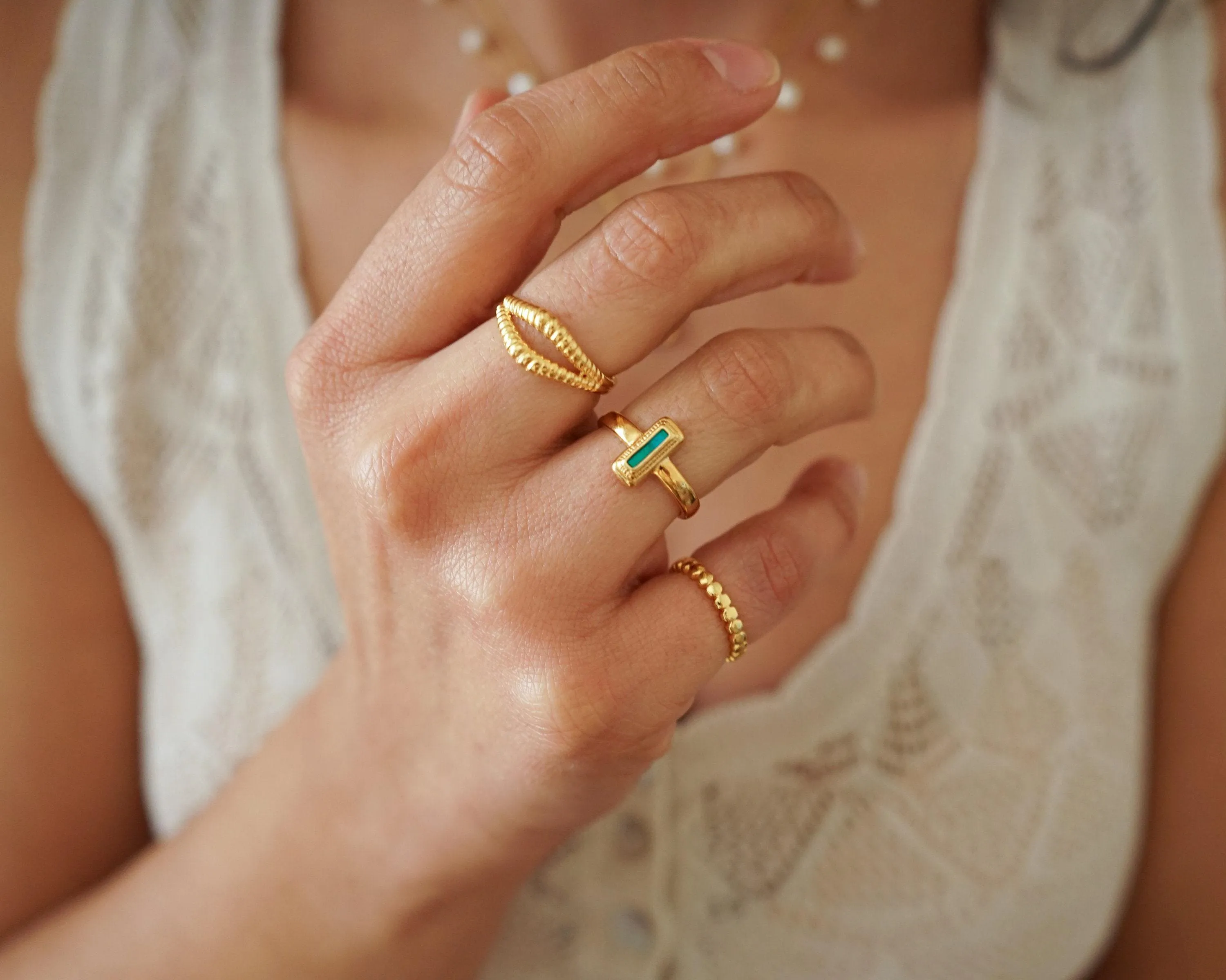 Gold Rectangle White/Orange/Emerald Enamel Ring