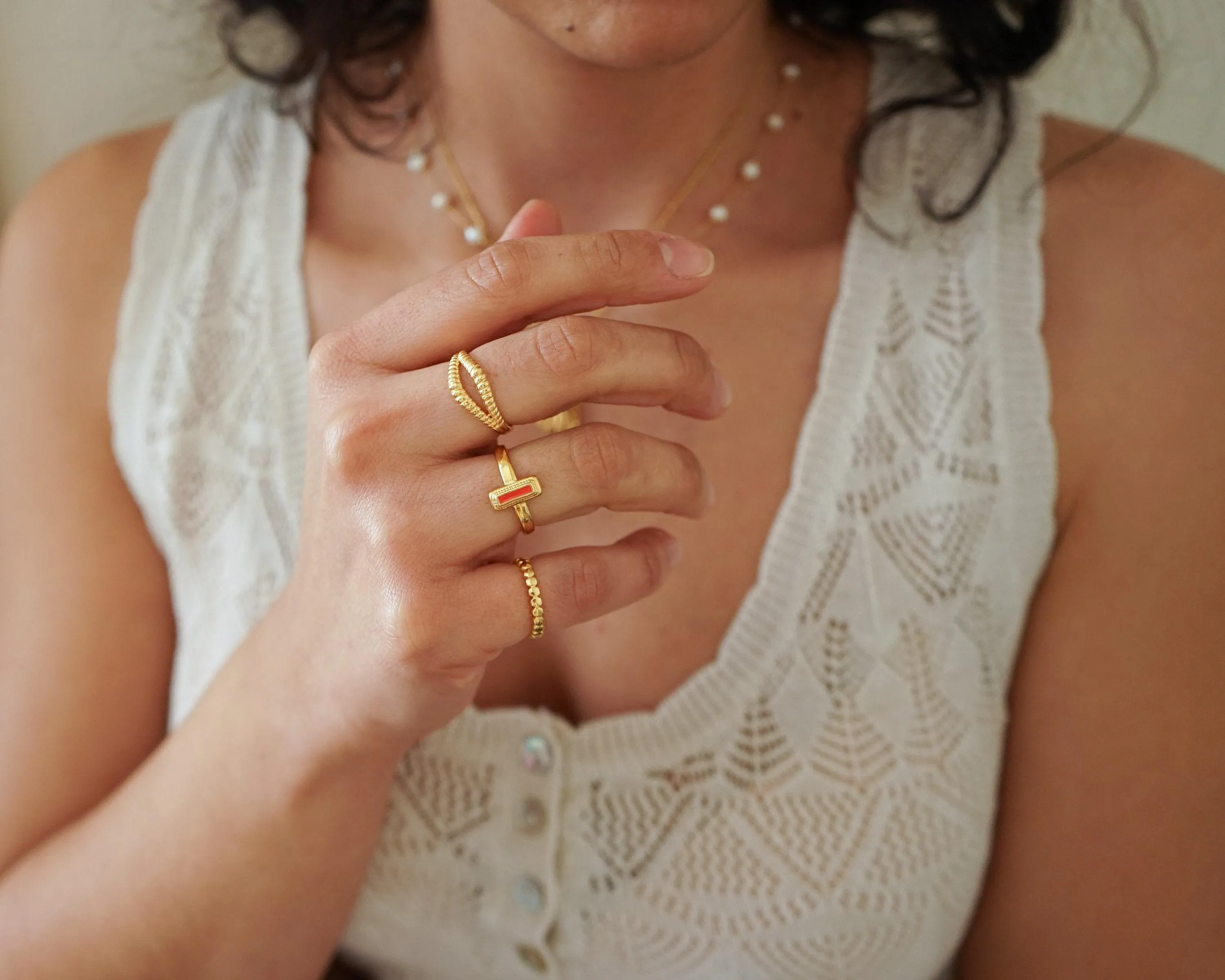 Gold Rectangle White/Orange/Emerald Enamel Ring