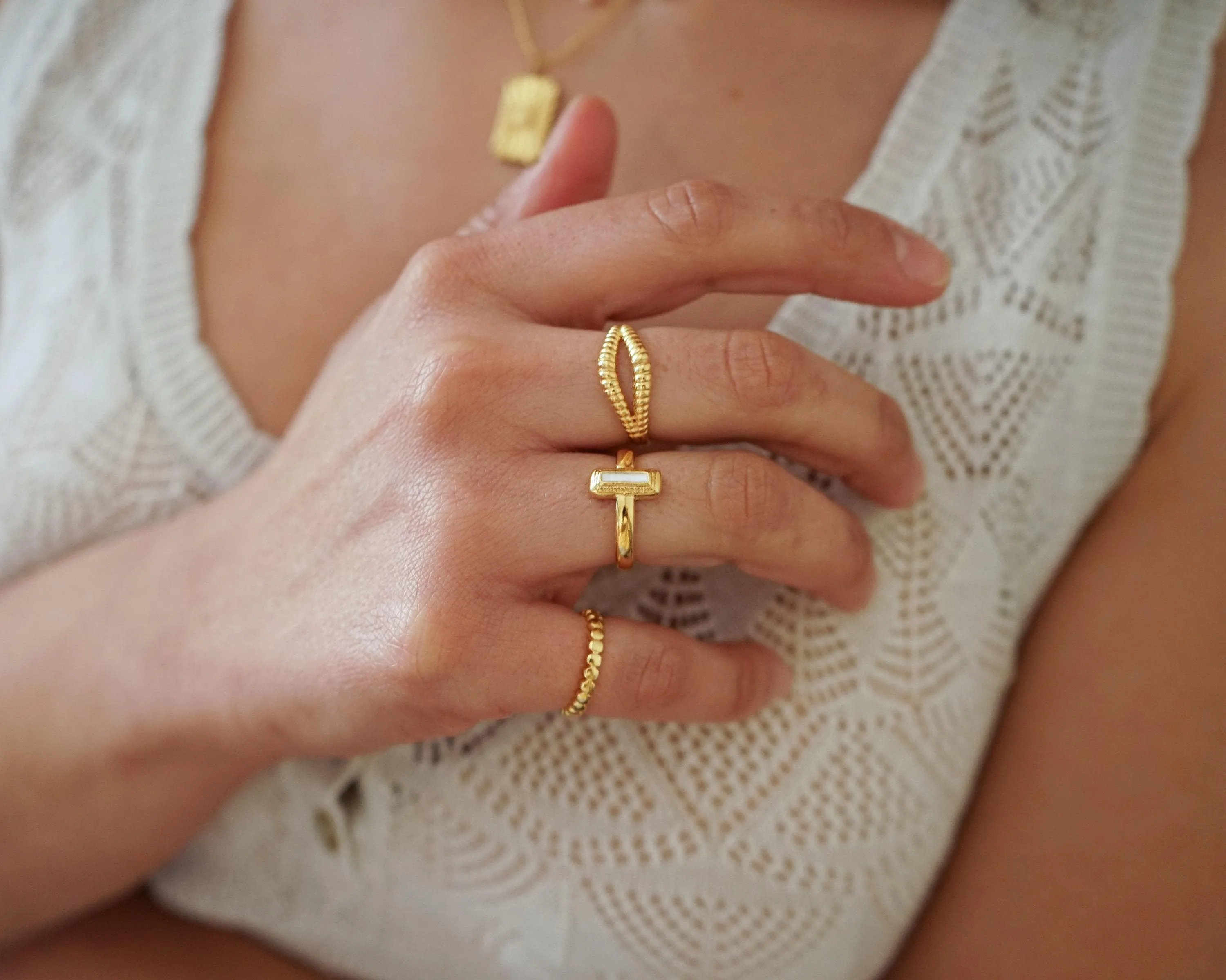 Gold Rectangle White/Orange/Emerald Enamel Ring