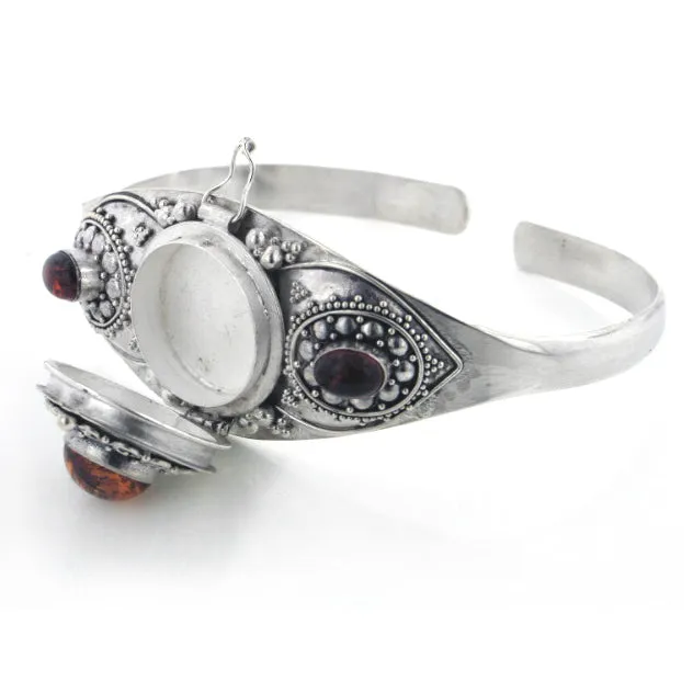 Gothic Silver Amber Poison Box Locket Cuff Bracelet