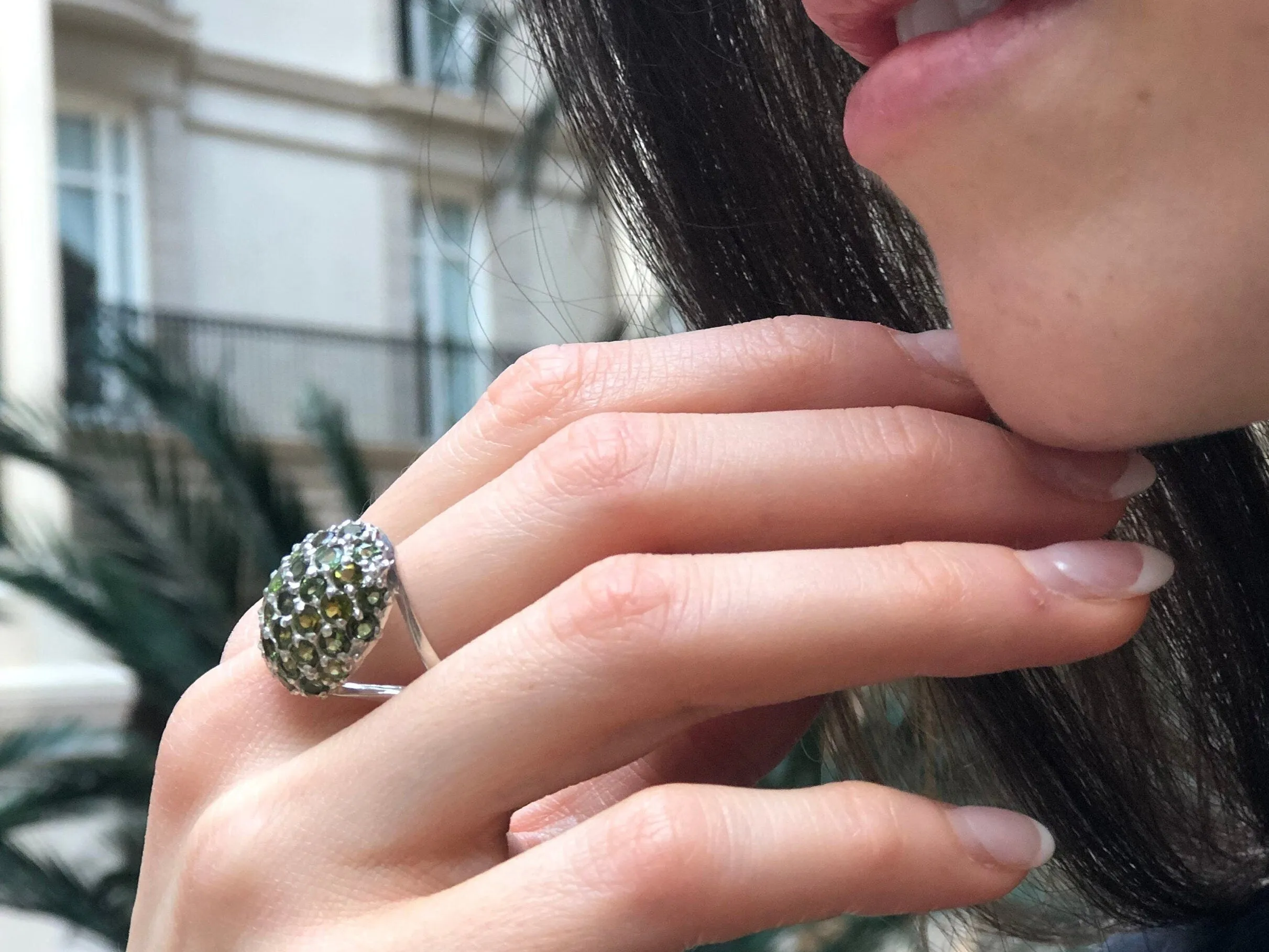 Green Tourmaline Ring - Sphere Cluster Ring - Chunky Vintage Ring