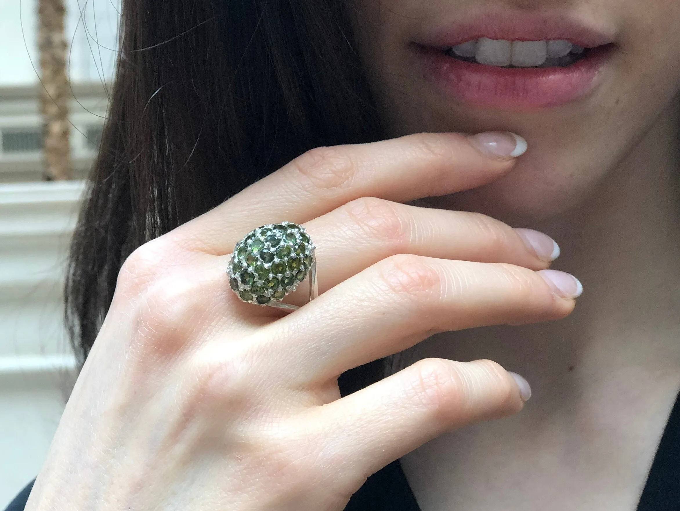Green Tourmaline Ring - Sphere Cluster Ring - Chunky Vintage Ring