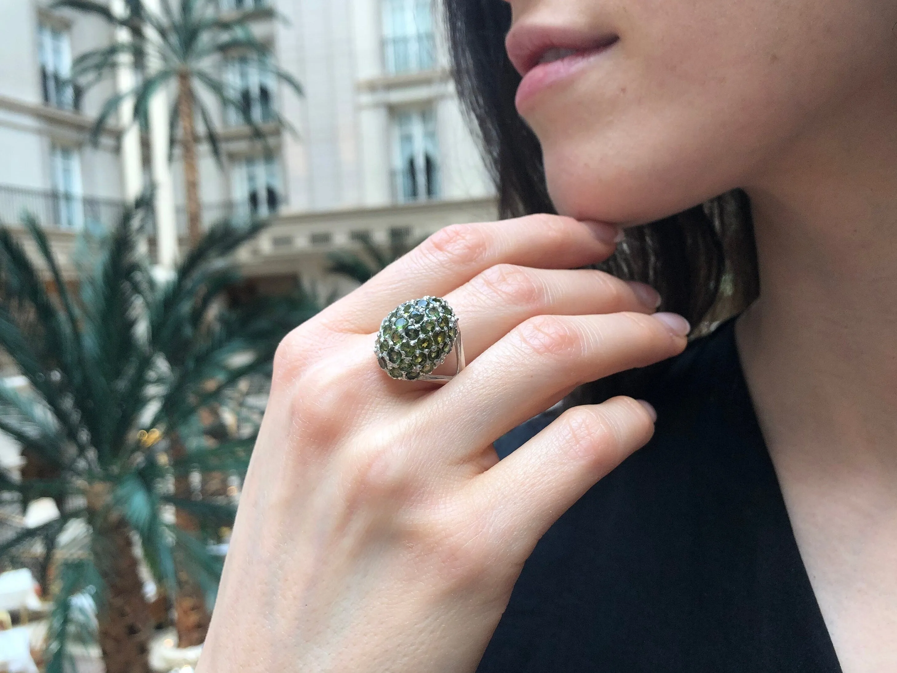 Green Tourmaline Ring - Sphere Cluster Ring - Chunky Vintage Ring