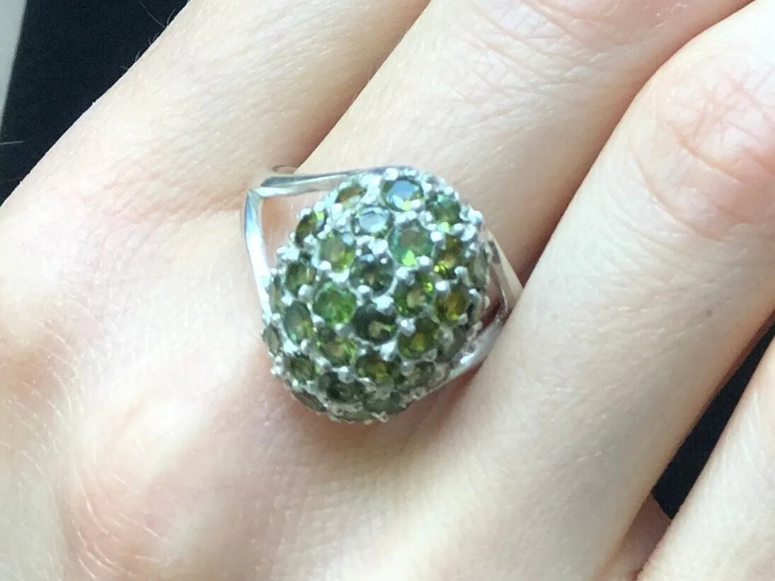 Green Tourmaline Ring - Sphere Cluster Ring - Chunky Vintage Ring
