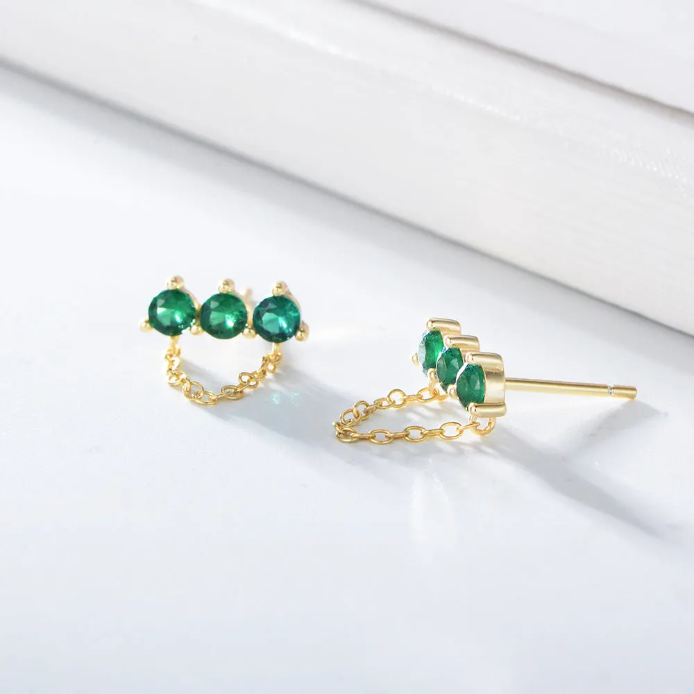 Green Zircon with Tassel Chain Silver Studs Earrings for Women