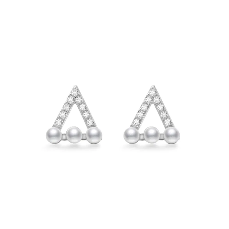 Hollow Zircon Triangle with Pearl Silver Stud Earrings for Women