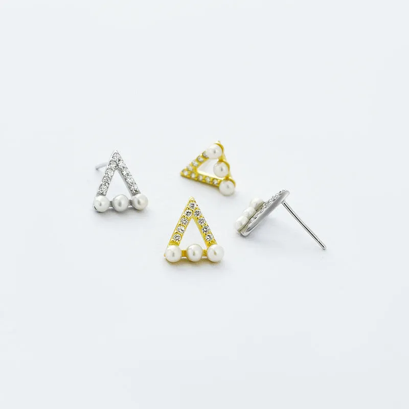 Hollow Zircon Triangle with Pearl Silver Stud Earrings for Women