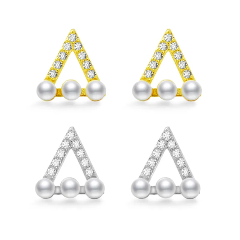 Hollow Zircon Triangle with Pearl Silver Stud Earrings for Women