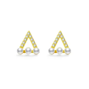 Hollow Zircon Triangle with Pearl Silver Stud Earrings for Women