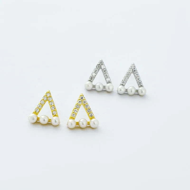 Hollow Zircon Triangle with Pearl Silver Stud Earrings for Women