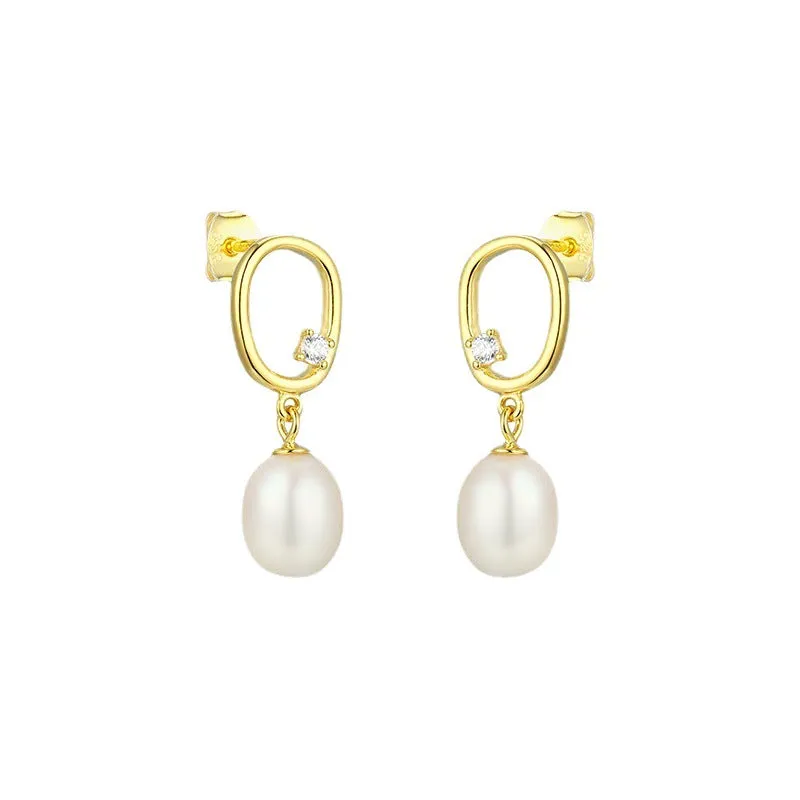 Irregular Hollow Oval with Freshwater Pearl Silver Drop Earrings for Women