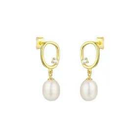 Irregular Hollow Oval with Freshwater Pearl Silver Drop Earrings for Women