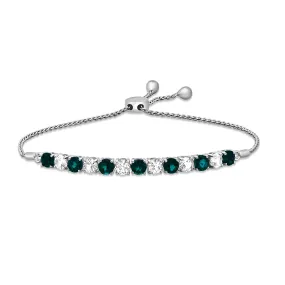 Jewelili Sterling Silver With Created Emerald and Created White Sapphire Bolo Bracelet