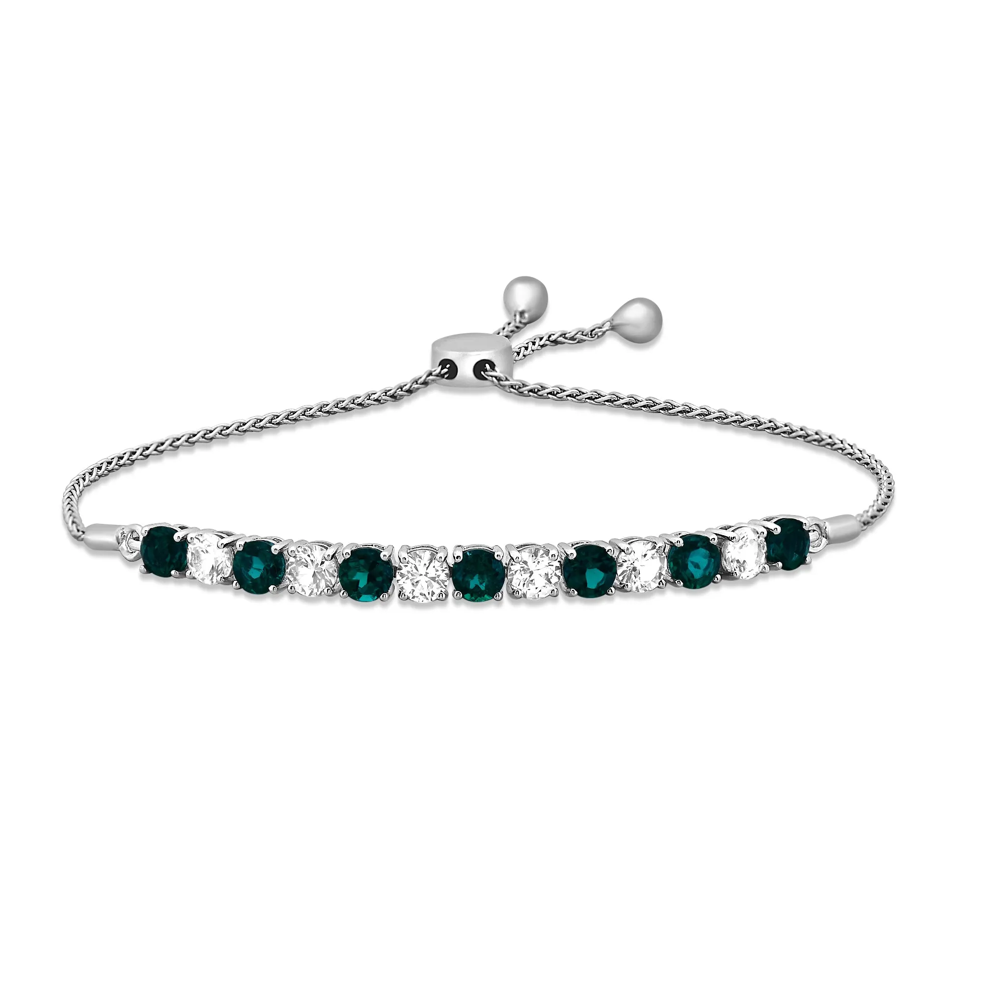 Jewelili Sterling Silver With Created Emerald and Created White Sapphire Bolo Bracelet
