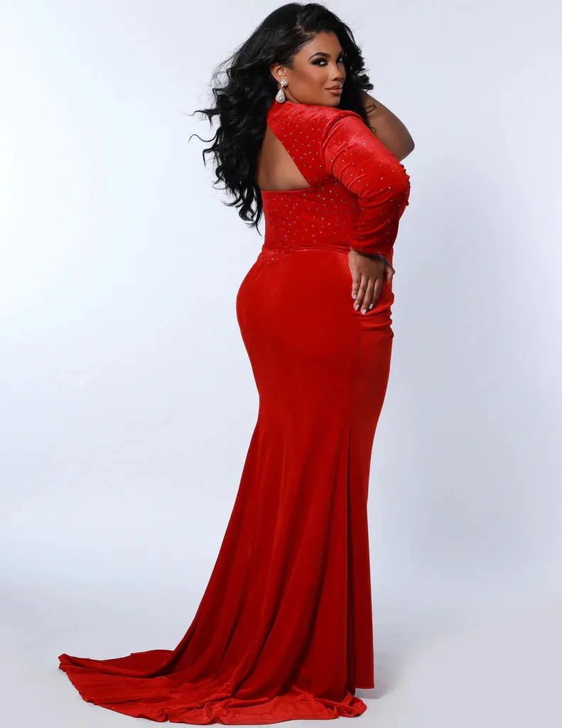 Jonathan Kane For Sydney's Closet JK2304 Slim Fitted Stretch Velvet With Hotfix Stones Choker Neckline One Shoulder Long Sleeve Slit With Train Plus Size Formal Dress