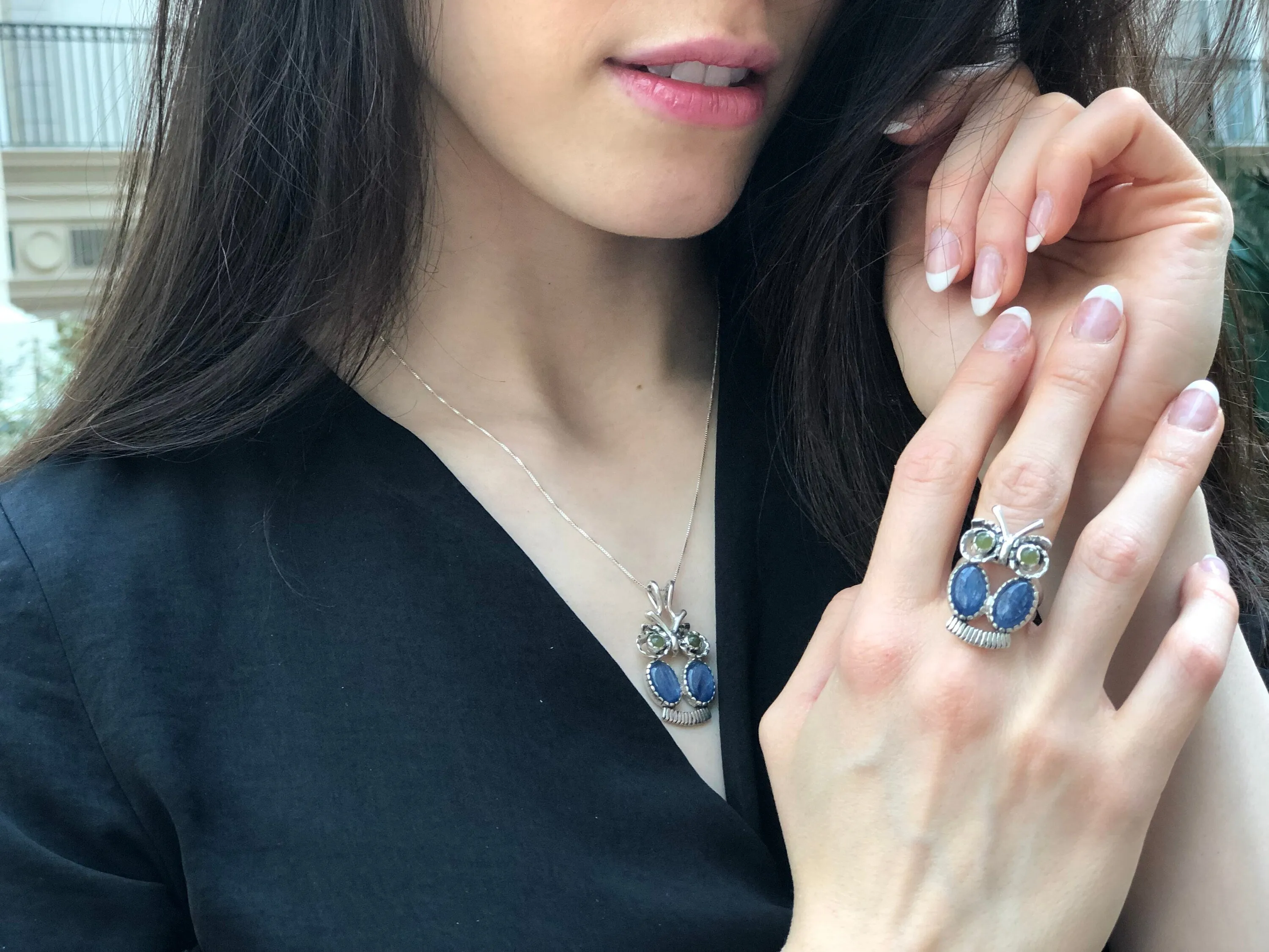 Kyanite Ring - Blue Owl Ring - Large Owl Ring