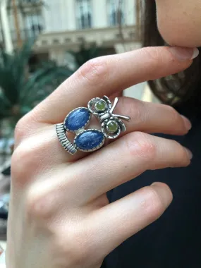 Kyanite Ring - Blue Owl Ring - Large Owl Ring